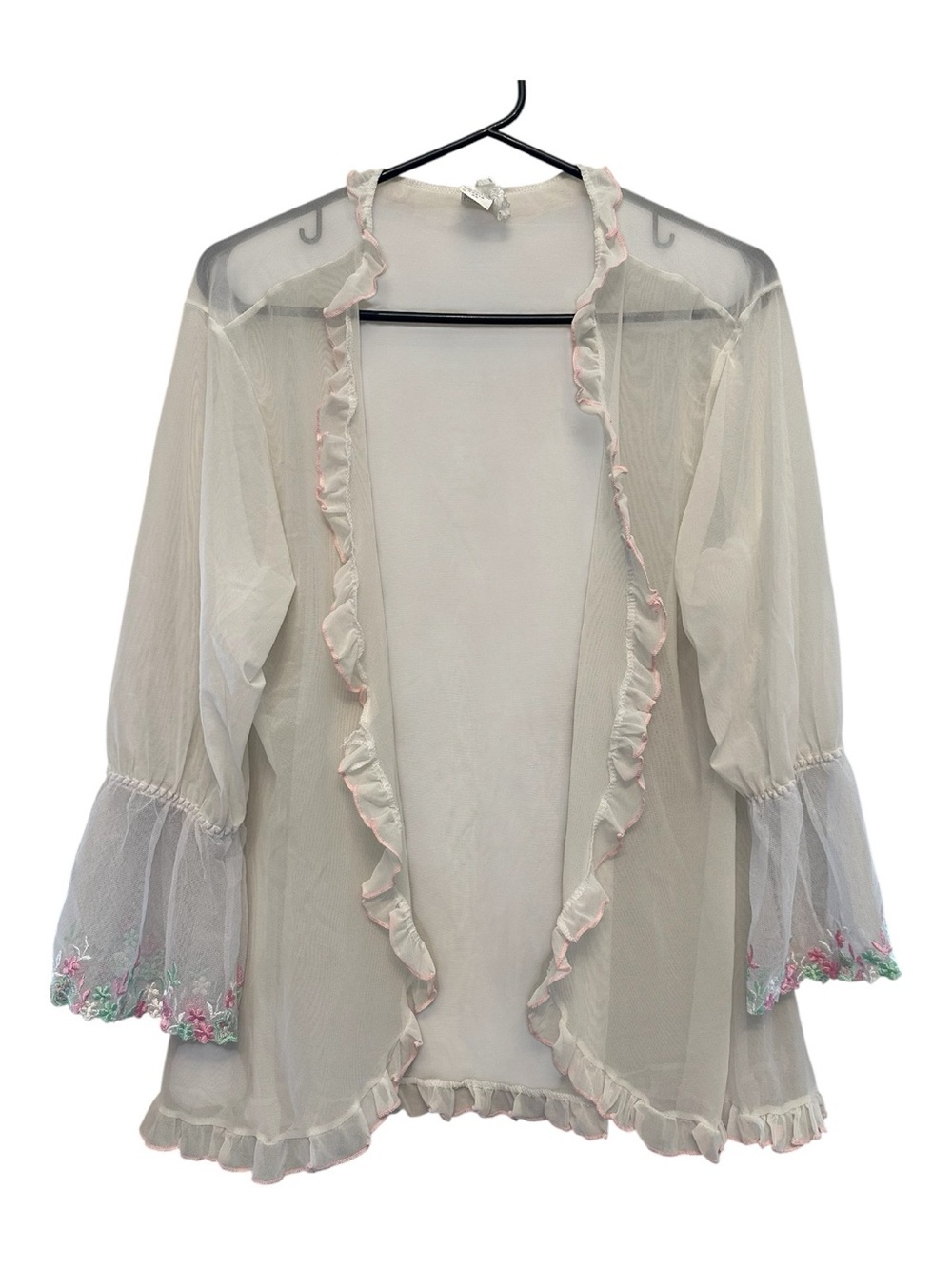 Vintage Y2K Fairycore Sheer White Ruffle-Trim Cardigan with Pink Accents 2X